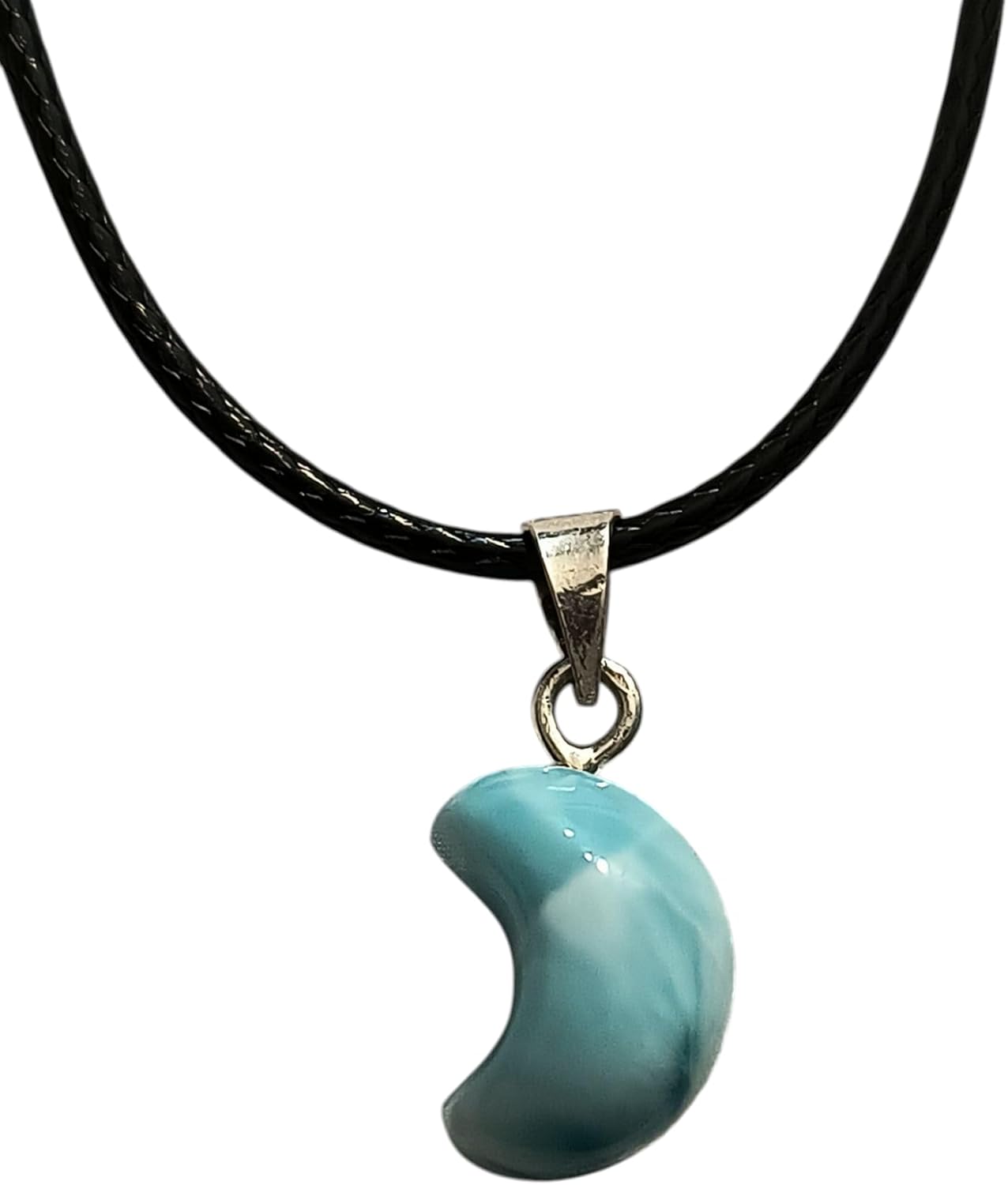 Natural Authentic Hand-Cut Larimar Gemstone set in .925 Sterling Silver Bail with a Faux Leather Chain. Half Moon Shape #2