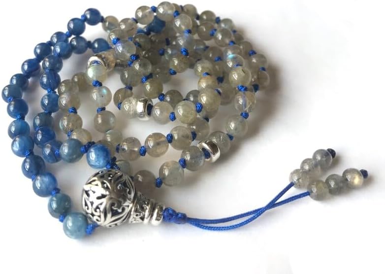 Natural Kyanite ,Labradorite 6mm-10mm 108 Mala Beads, Spiritual, Meditation Beads, Reiki, Japa Mala, Buddhist Prayer Beads, Yoga Bracelet, healing beads LKMALA-RRGU-1032