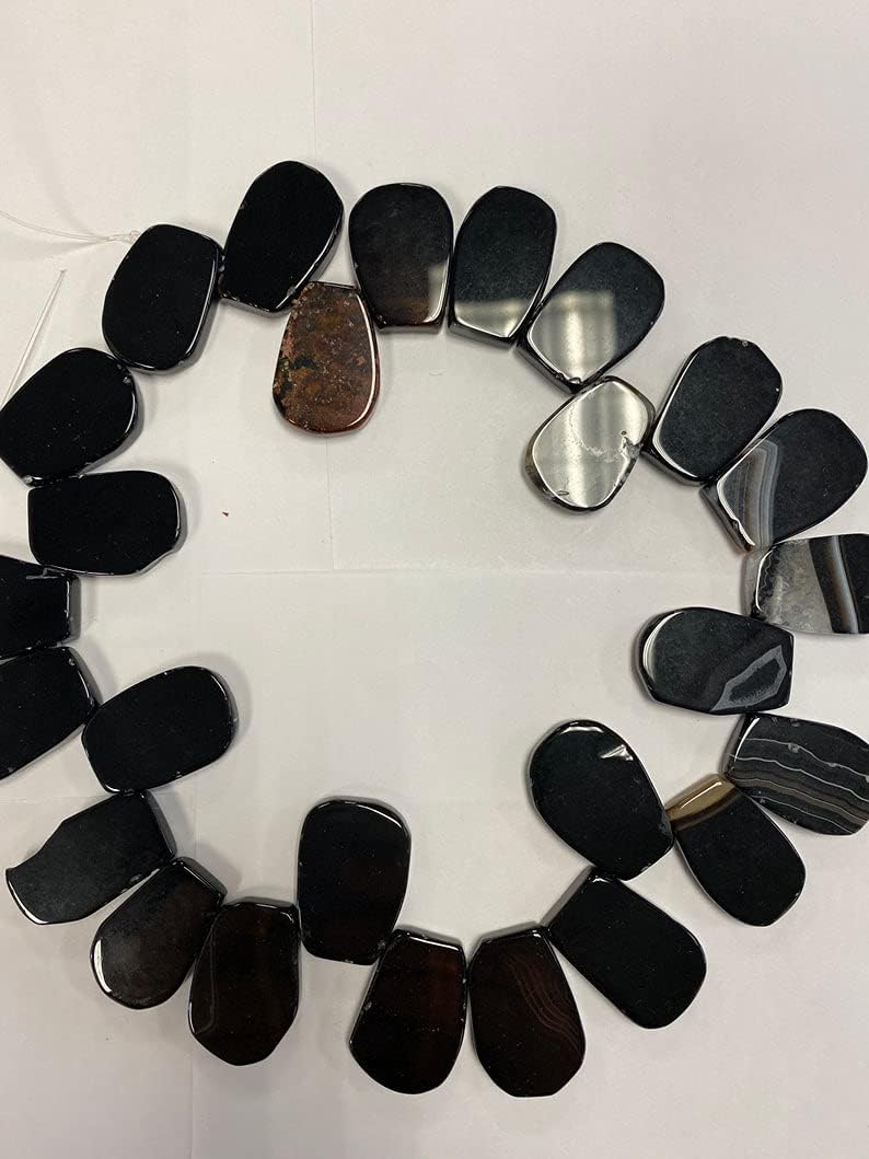 8 inch Strand of Natural Black Agate 26-30x18x6mm Flat Smooth briolette Beads for DIY Jewelry Making. |BRIO_00851