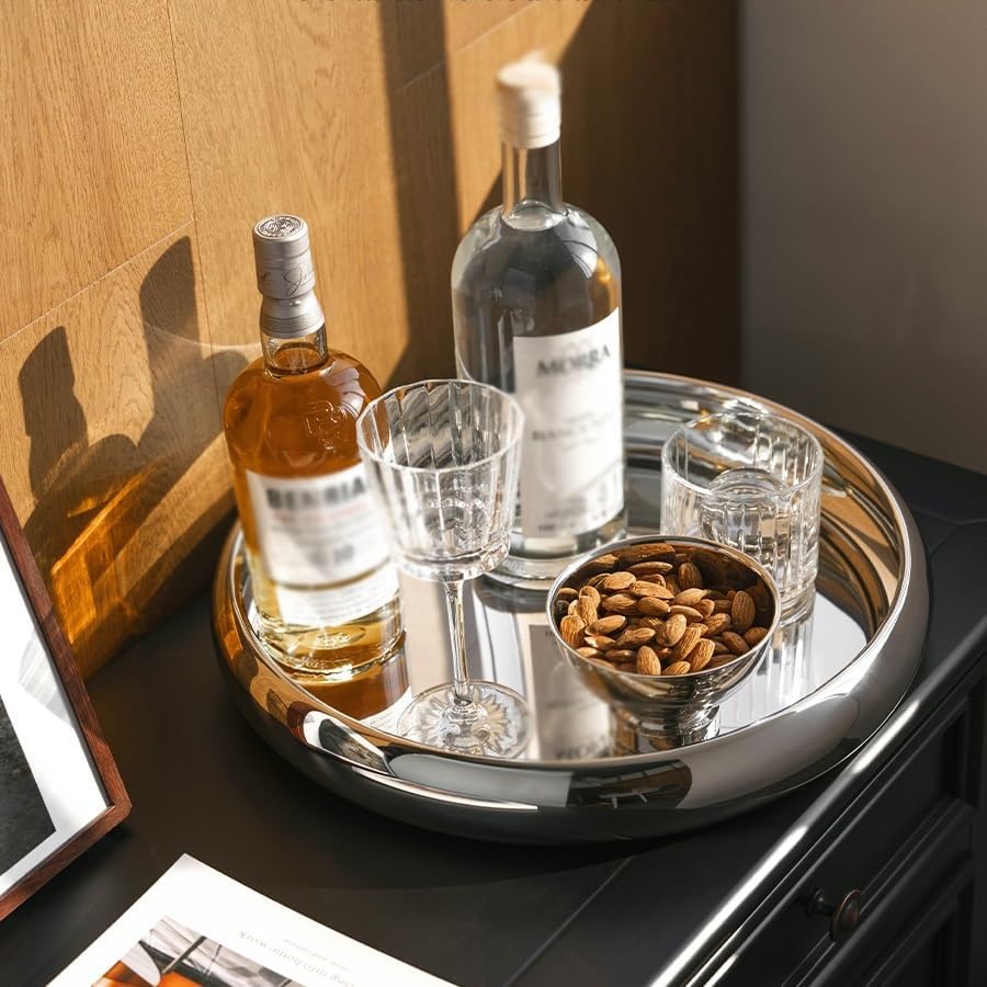 Tray Stainless Steel Dining Tray Light Luxury Western Food Tray Round Cup Kettle Storage Tray Fruit Tray Serving Trays