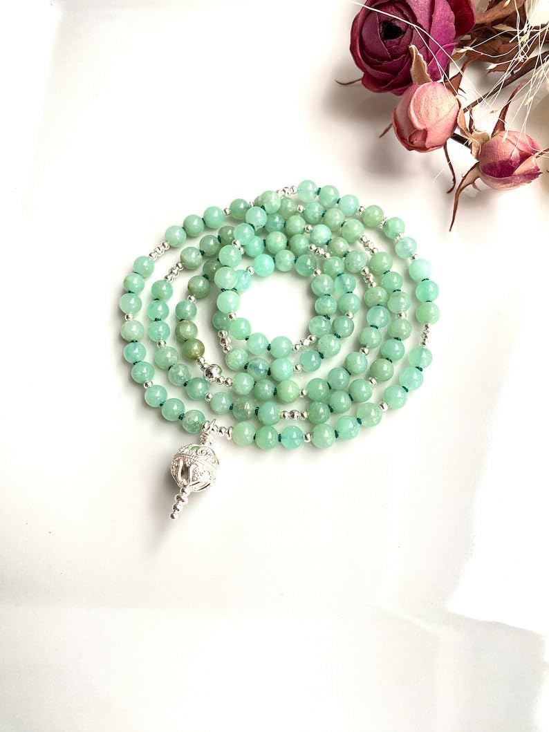 Natural chrysoprase 6mm 108 Mala Beads, Spiritual, Meditation Beads, Reiki, Japa Mala, Buddhist Prayer Beads, Yoga Bracelet, healing beads LKMALA-RRGU-3437