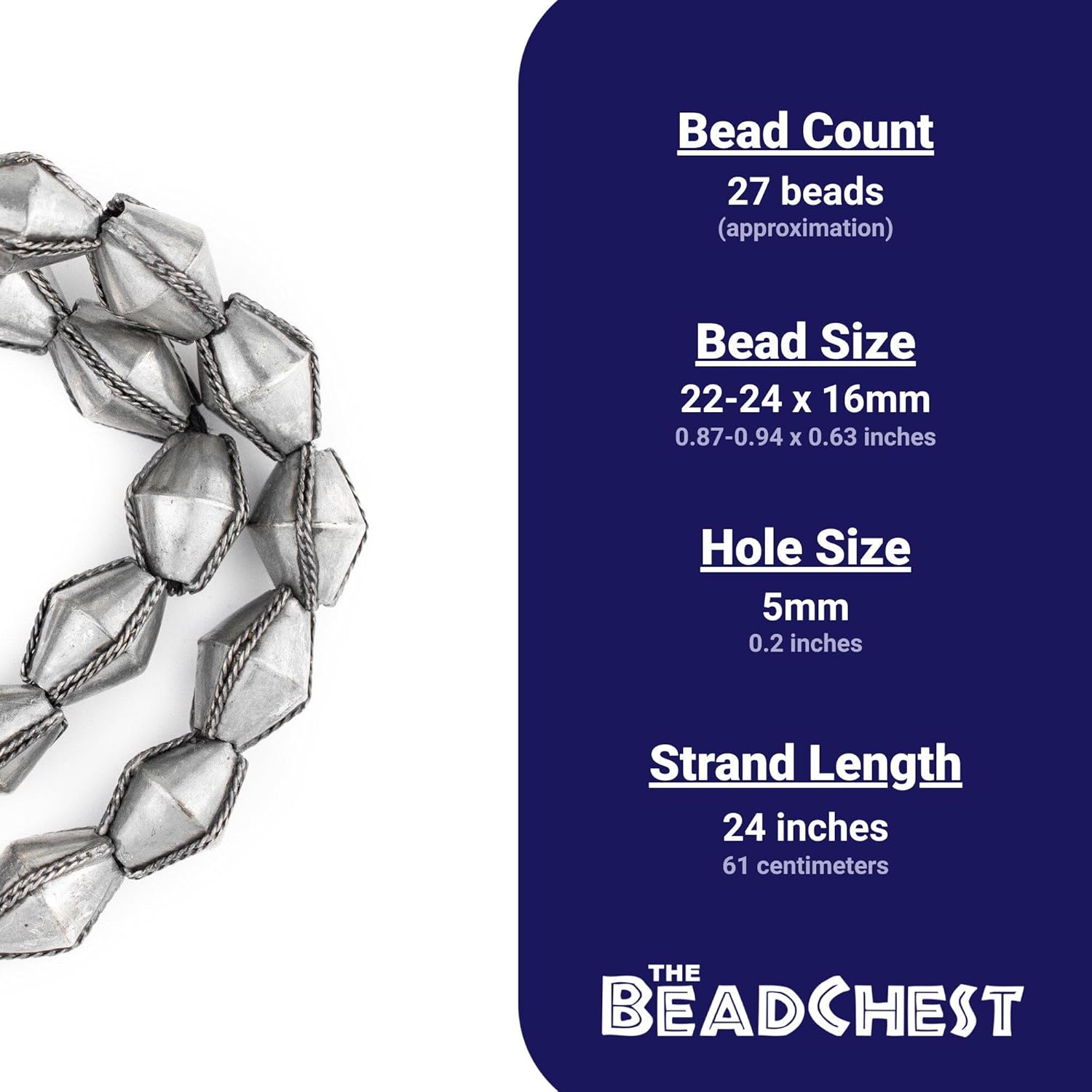 The Bead Chest Ethiopian Wired Dark Silver Bicone Beads 22x16mm African White Metal Large Hole 24 Inch Strand Handmade