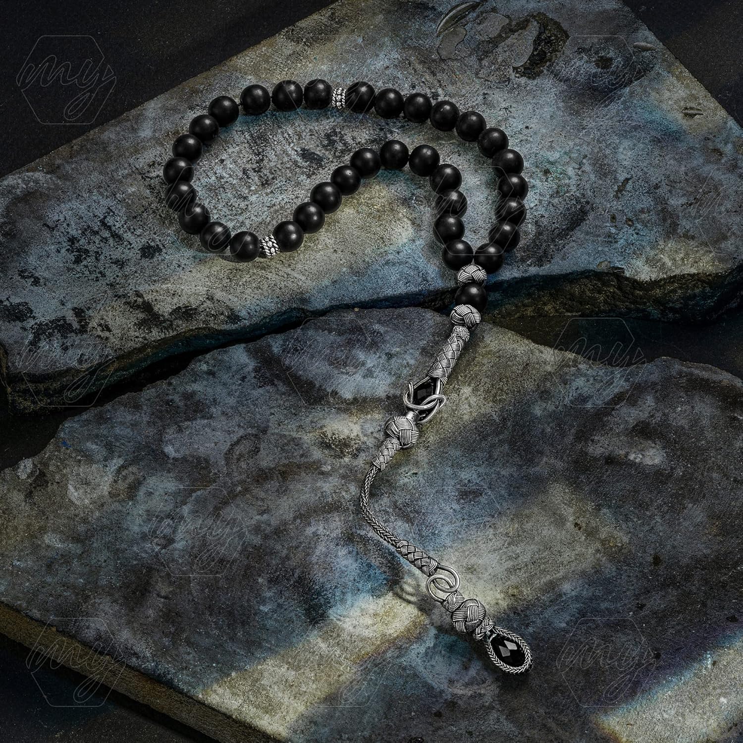 1000 Ct Silver Turkish Kazaz Matte Onyx Islamic 33 Prayer Beads Tasbeeh Rosary