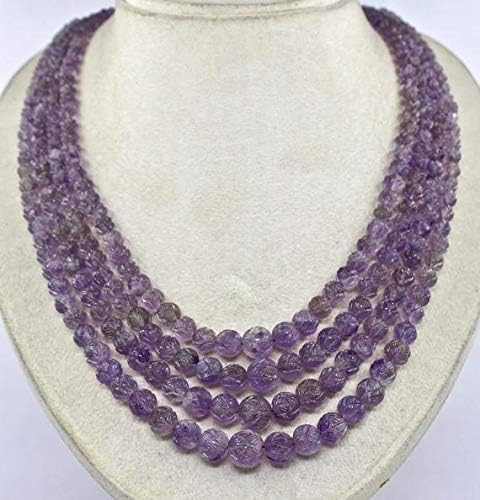 LKBEADS 4 Line Natural Amethyst Carved Round Beads Necklace 17 INCHES 16 MM to 5 MM Code-HIGH-46405