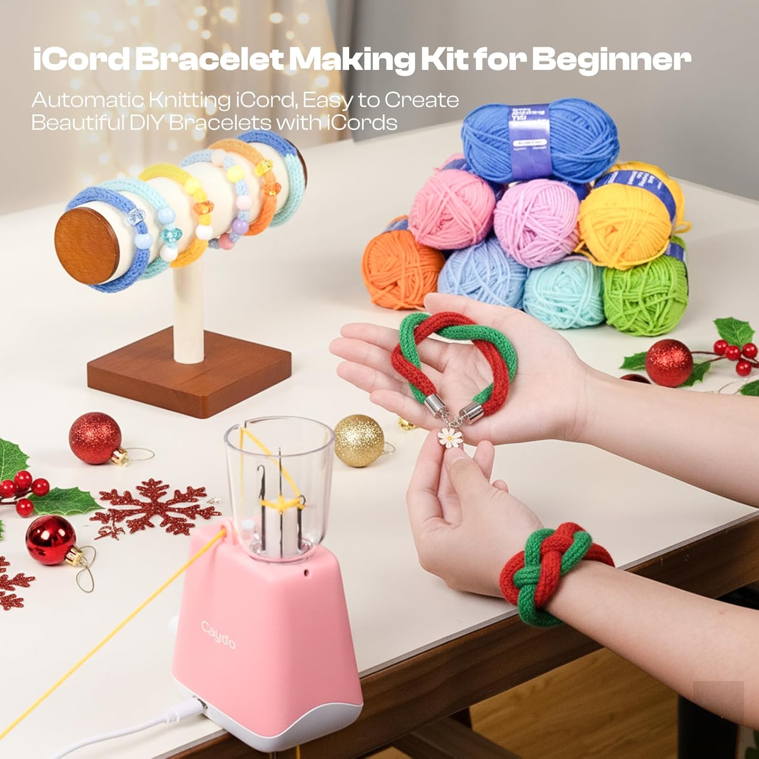 Caydo iCord Bracelet Maker Kit for Beginners, Electric i-Cord Knitting Machine, Automatic Knitting Yarns to i-Cords, 352pcs Bracelet Making Accessories, Efficiently DIY Knitting Kit for Crocheters