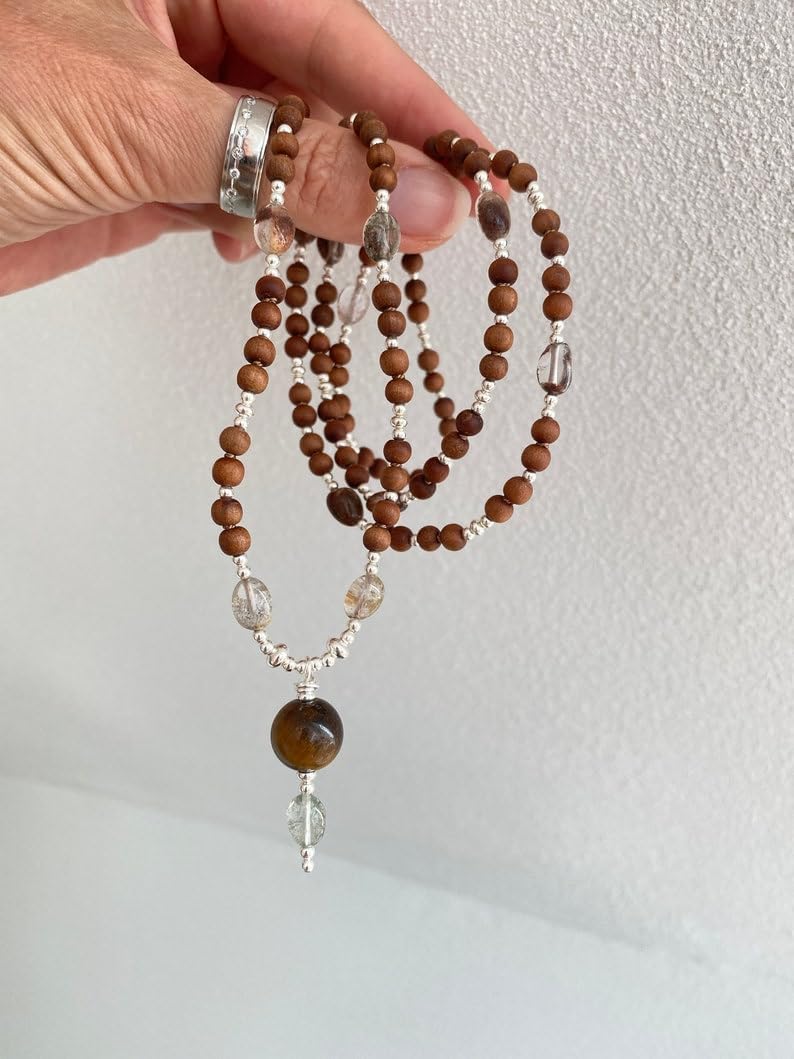 Natural sandalwood and inclusive quartz 5mm-6mm 108 Mala Beads, Spiritual, Meditation Beads, Reiki, Japa Mala, Buddhist Prayer Beads, Yoga Bracelet, healing beads LKMALA-RRGU-3486