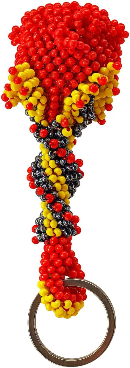 vibrant mix of red, yellow, and black glass beads woven