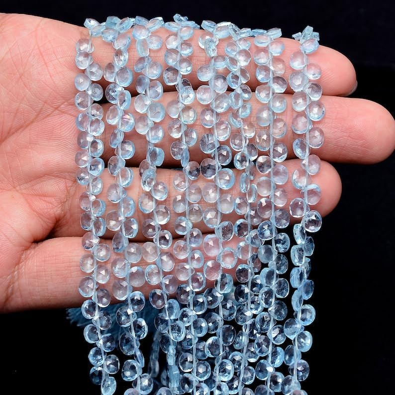 8 inch Strand of Natural Aquamarine 5-6mm Heart Faceted briolette Beads for DIY Jewelry Making. |BRIO_00600