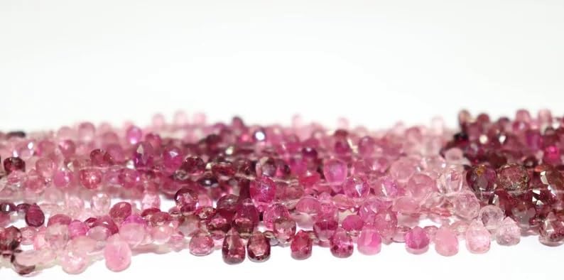 Rubellite Tourmaline Briolette Beads Strand 4x6-5x7mm Faceted Side Cut Pear Shape Gemstone Beads for Jewelry Making