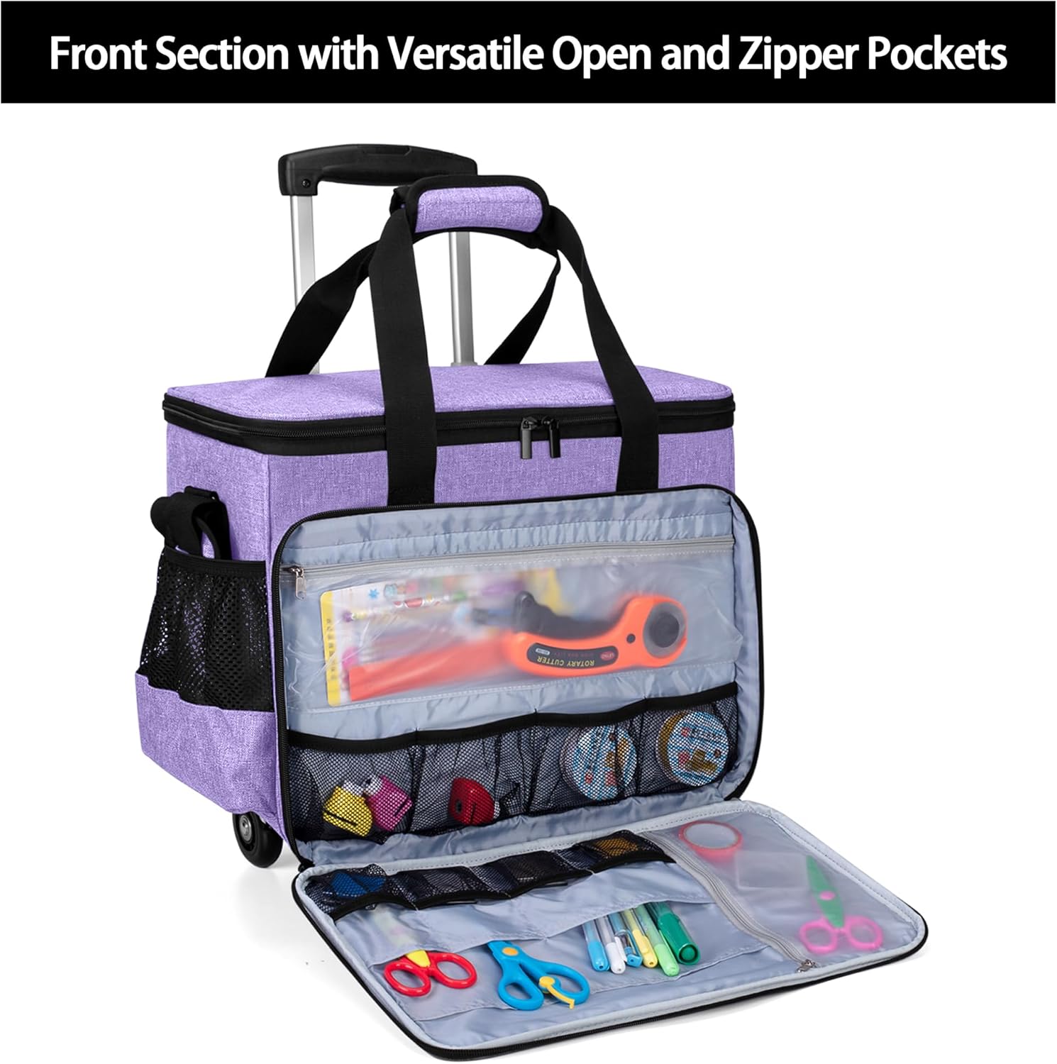 Yarwo Rolling Craft Bag on Wheels 2.0, Women Craft Scrapbook Tote Bag with Detachable Trolley and Extra Bottom Board for Teaching Crafts Supplies and Tools, Rolling Teacher Cart for Women, Purple