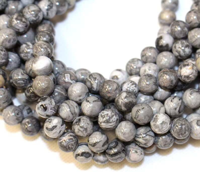 13 inch Strand of Natural gem Gray Picture Jasper, 10mm Round Smooth Beads for DIY Jewelry Making. | Beads_03976