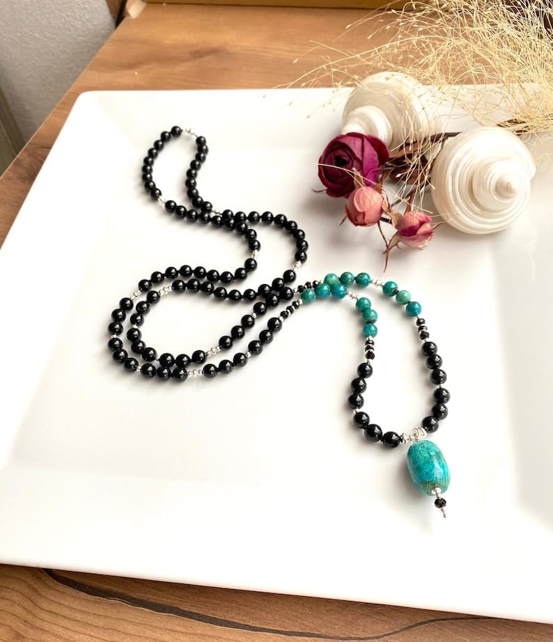 Natural chrysocolla and black tourmaline 6mm 108 Mala Beads, Spiritual, Meditation Beads, Reiki, Japa Mala, Buddhist Prayer Beads, Yoga Bracelet, healing beads LKMALA-RRGU-3420