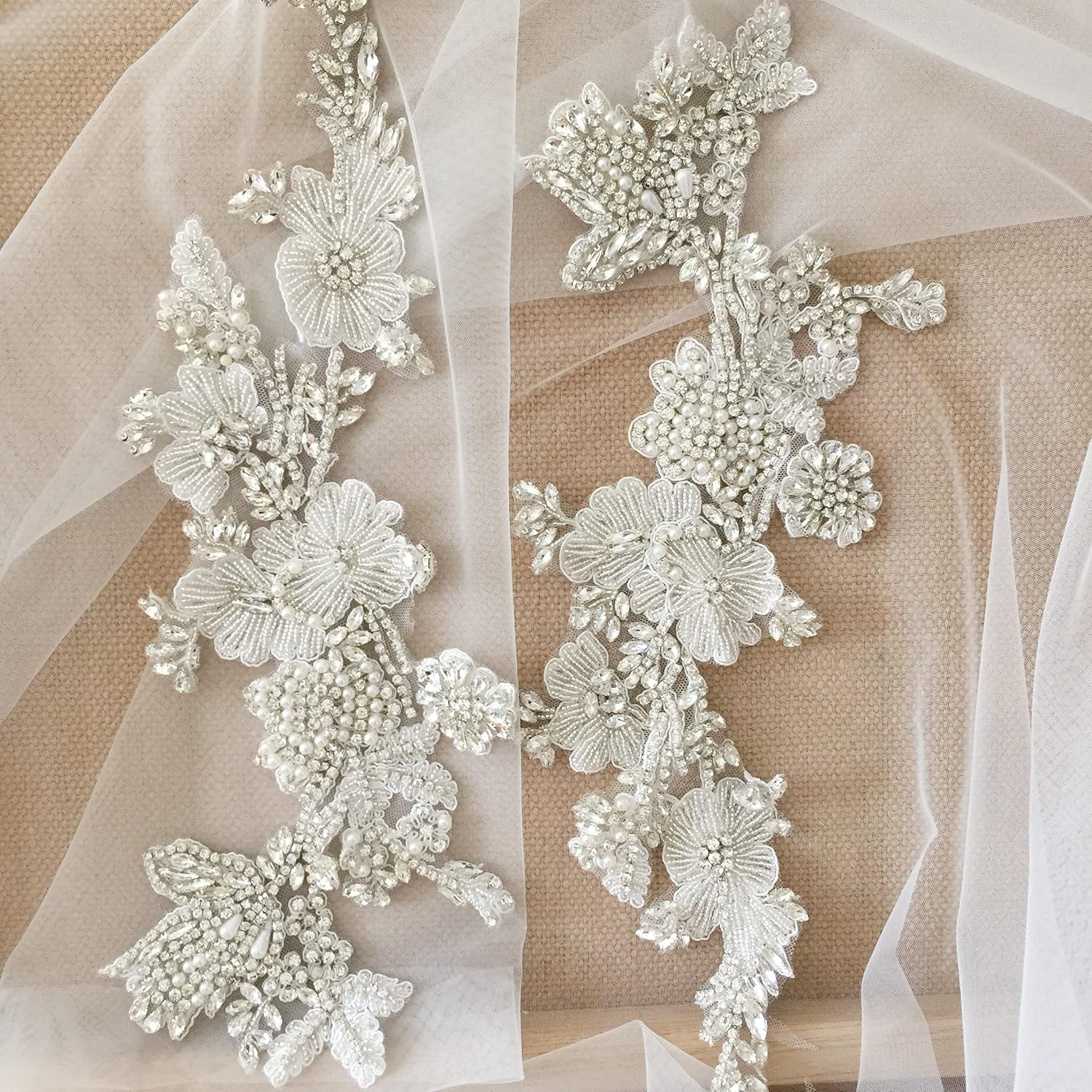 1 Pair 2 Pieces Handmade Haute 16x44cm Flower Rhinestone Beading Iron on Applique Bridal Bodice Belt Sash Wedding Motif (Color : Style D)