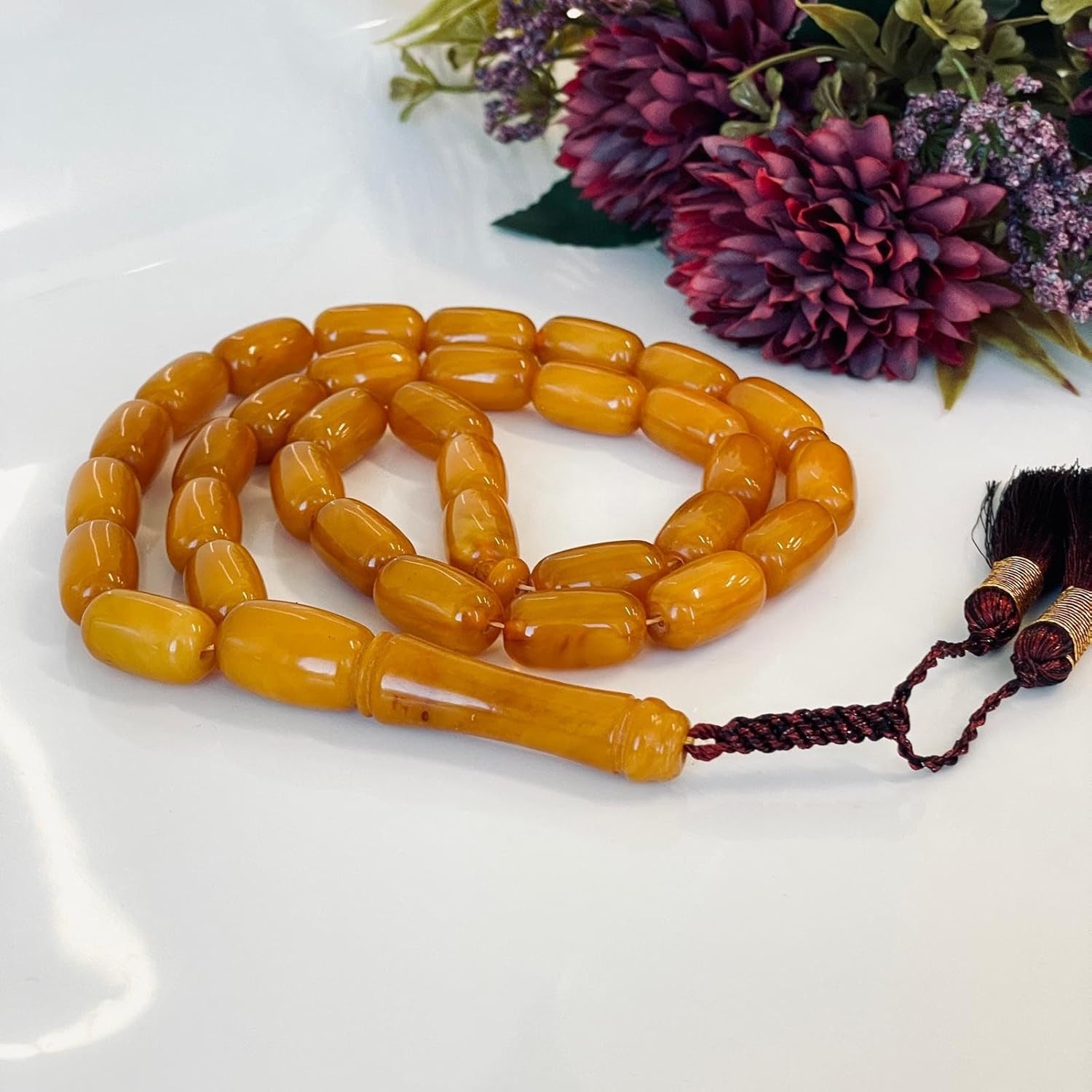 AMBERSTONE Vintage Orange Amber Islamic Prayer - Barrel Beads Rosary - Premium Handmade Tasbeeh for Dhikr - Amber Misbaha - 33 Beads / 62.6 g