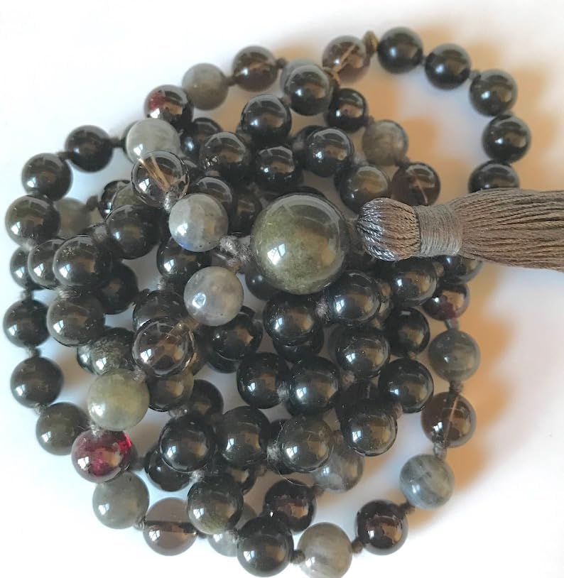 Natural Obsidian, Labradorite, Smoky Quartz, Garnet 8mm-14mm 108 Mala Beads, Spiritual, Meditation Beads, Reiki, Japa Mala, Buddhist Prayer Beads, Yoga Bracelet, healing beads LKMALA-RRGU-1029