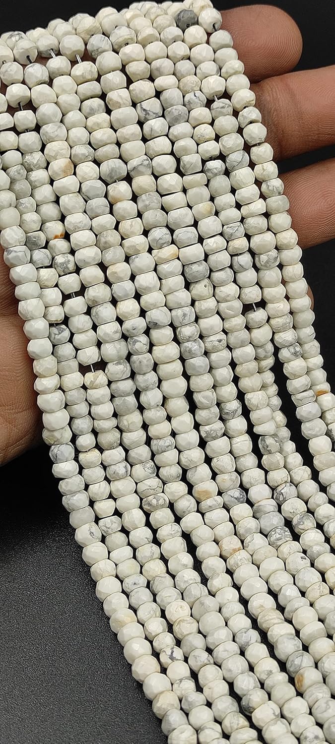 Hanumat Gems Lot of 10 Strands Beautiful Natural White Howlite Faceted Rondelle Shape Gemstone Beads,Howlite Rondelle Beads,Howlite Faceted Beads,5.00-6.00 MM Beads,13 Inches Strand