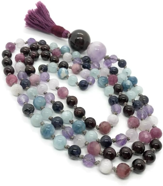 Natural aquamarine, ruby, garnet, iolite, amethyst 6mm-10mm 108 Mala Beads, Spiritual, Meditation Beads, Reiki, Japa Mala, Buddhist Prayer Beads, Yoga Bracelet, healing beads LKMALA-RRGU-459