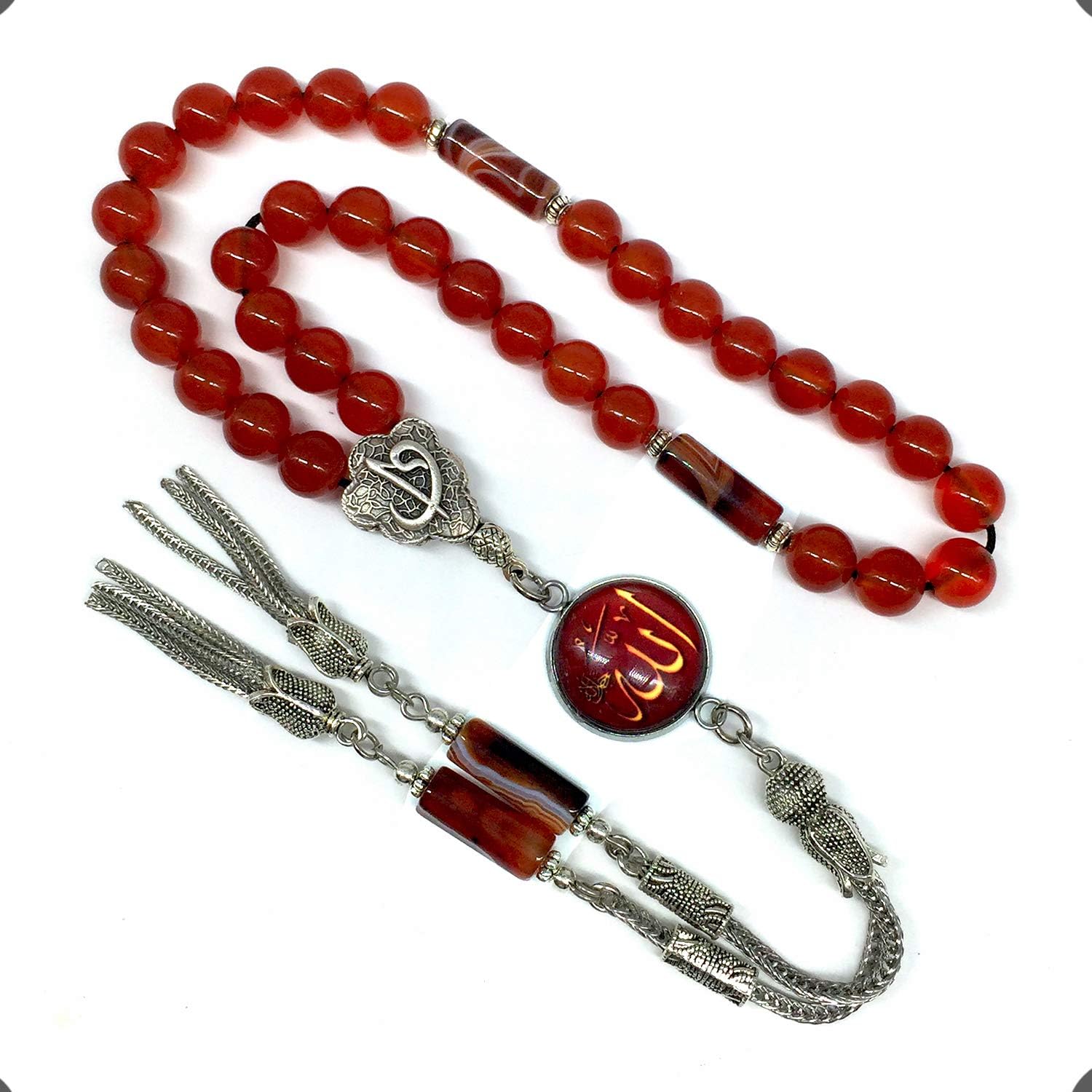 -ELEGANCE COLLECTION- Prayer Beads-Tesbih-Tasbih-Tasbeeh-Misbaha-Masbaha-Subha-Sebha-Sibha-Rosary (RED AGATE Stone (8mm -33 Beads))