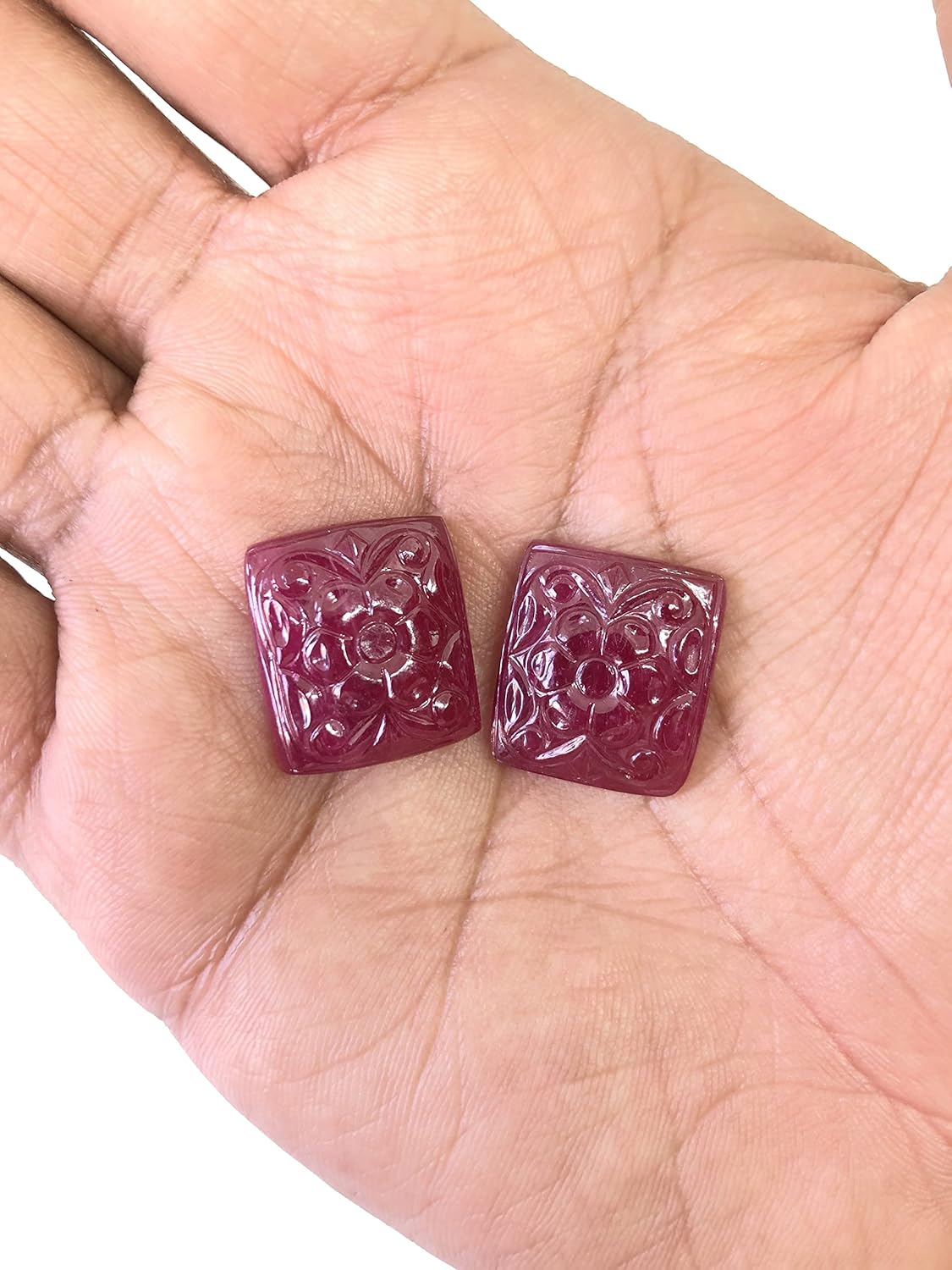 62.82 Ct Pair Ruby Flower Design Hand Carved Cushion Shape Size 19x17x7 mm Loose Gemstone For Making Ruby Earring Jewelry