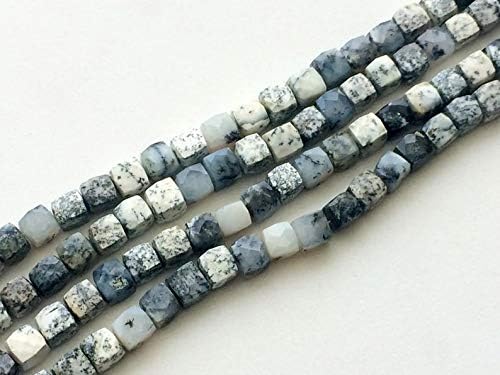 Dendrite Box Beads, Natural Dendrite Faceted Cube Beads, White & Black Gemstone Beads, 8-8.5mm, 8 Inch, 22 Pcs