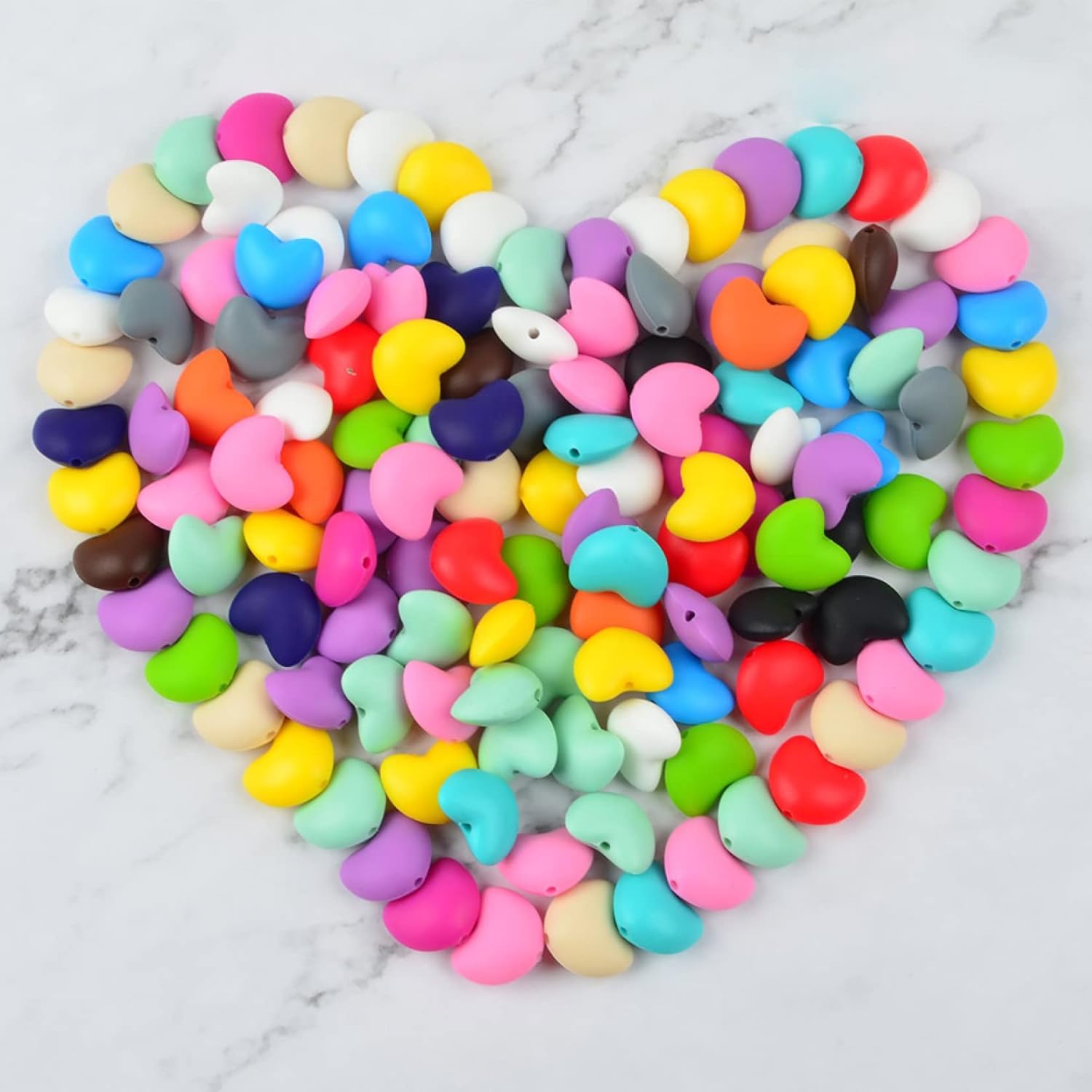 Silicone Beads 20mm for Keychain Making Bulk Assorted DIY Necklace Bracelet Beads for Craft Set Jewelry, Colorful Heart Shaped Silicone Beads 50 Pieces (Snow)