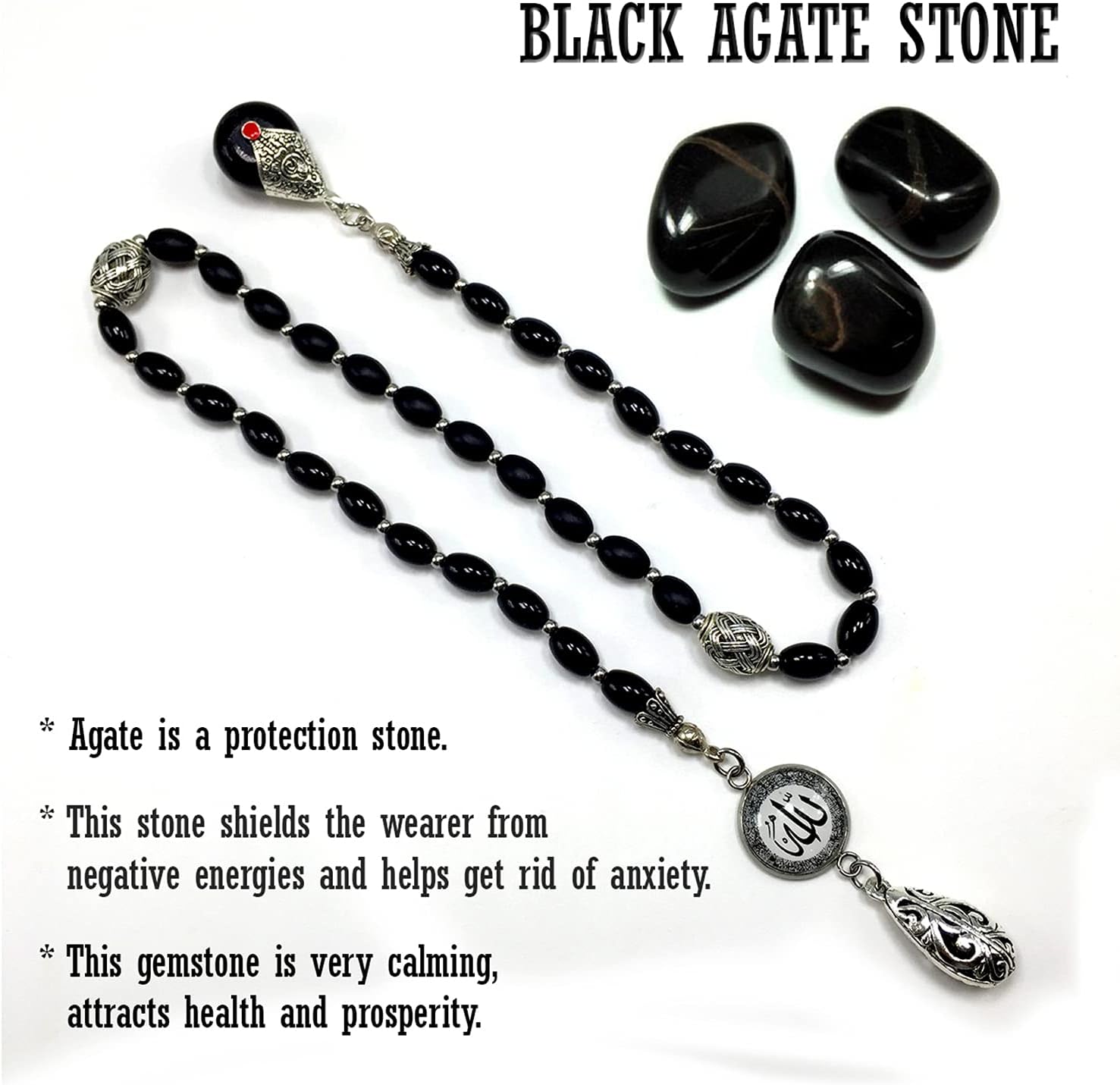 -Swing Beads Collection- Prayer Beads-Tesbih-Tasbih-Tasbeeh-Misbaha-Masbaha-Subha-Sebha-Sibha-Rosary (Model 3-8 mm Diameter Black Agate Beads)