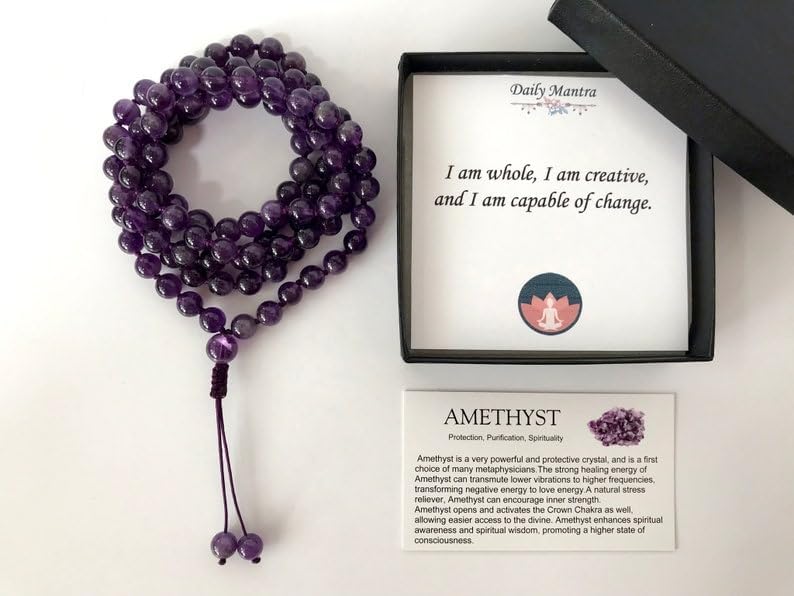 Natural Amethyst 6mm 108 Mala Beads, Spiritual, Meditation Beads, Reiki, Japa Mala, Buddhist Prayer Beads, Yoga Bracelet, healing beads LKMALA-RRGU-3263, 34 inch, purple