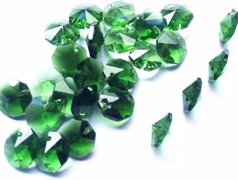 Hanging Crystals Prisms 1000pcs Chandelier Beads 14mm Crystal Octagon Beads in 2holes (with 1000 Rings) Crystal Glass Wedding Decoration Curtain Green Beads Hangings Crystals for Decoration