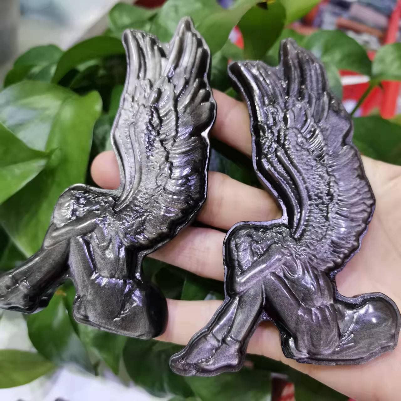 Natural Siver Obsidian Carved Wings Girl Shape Silver Obsidian Angel