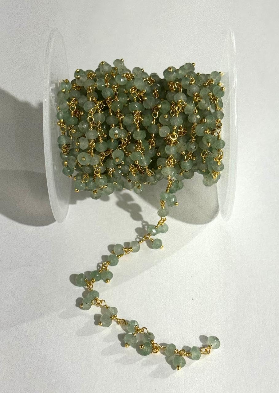 4mm Faceted Green Aventurine Jade Beaded Rosary Cluster Chain with Gold Plated Wire, Jewelry Making Supply by Foot 5 feet