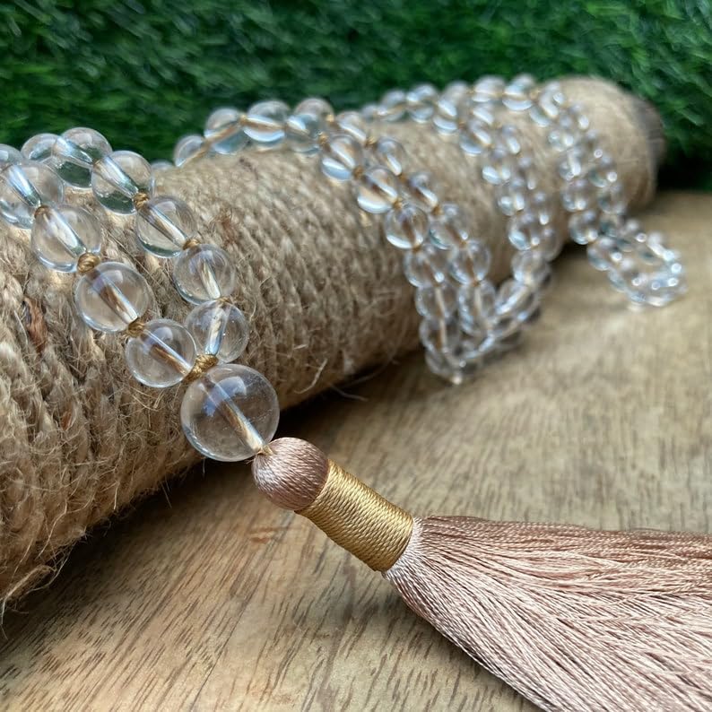 Natural Clear Quartz 8mm 108 Mala Beads, Spiritual, Meditation Beads, Reiki, Japa Mala, Buddhist Prayer Beads, Yoga Bracelet, healing beads LKMALA-RRGU-583