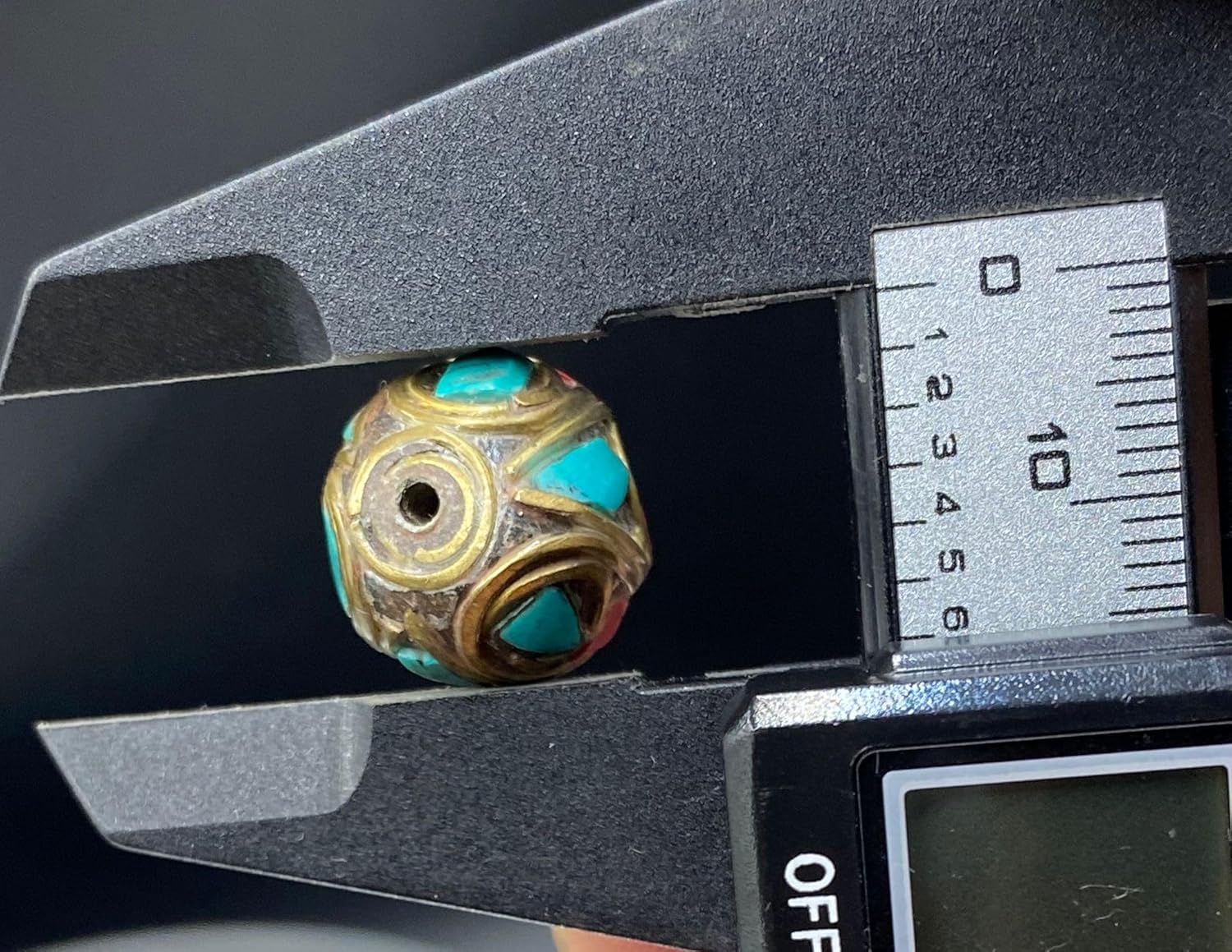 Old Antique 16mm Nepalese Tibetan Bead with Turquoise and Coral Inlay –16mm 5.7g Handmade Vintage Brass Bead for Jewelry Making, Meditation, Healing, and Boho Crafts (50)