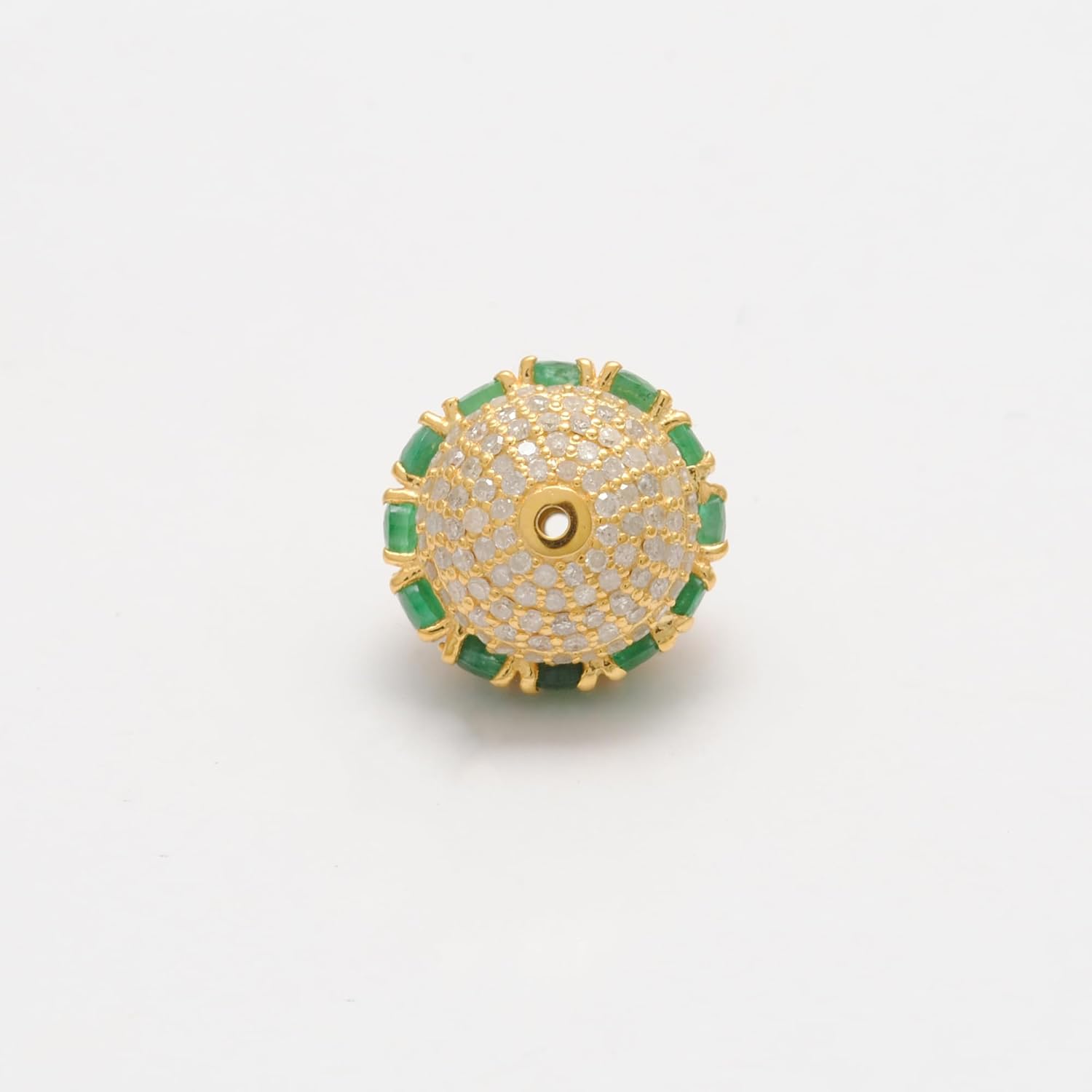 925 Sterling Silver 14mm Ball Shape Spacer Bead with Natural Emerald & Diamond – Handmade Silver Jewelry – Gift for Her