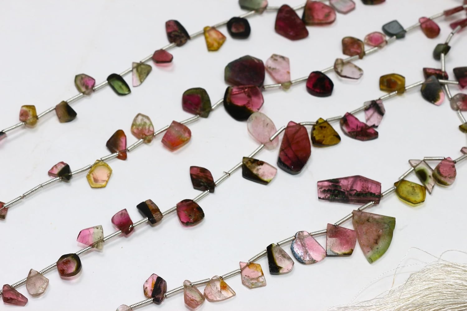 Natural Multi Tourmaline Rough Slice Beads, Pink Green Crystal Gemstones, 5-10mm, Silver Coil Spacers, 8 Inch Strand