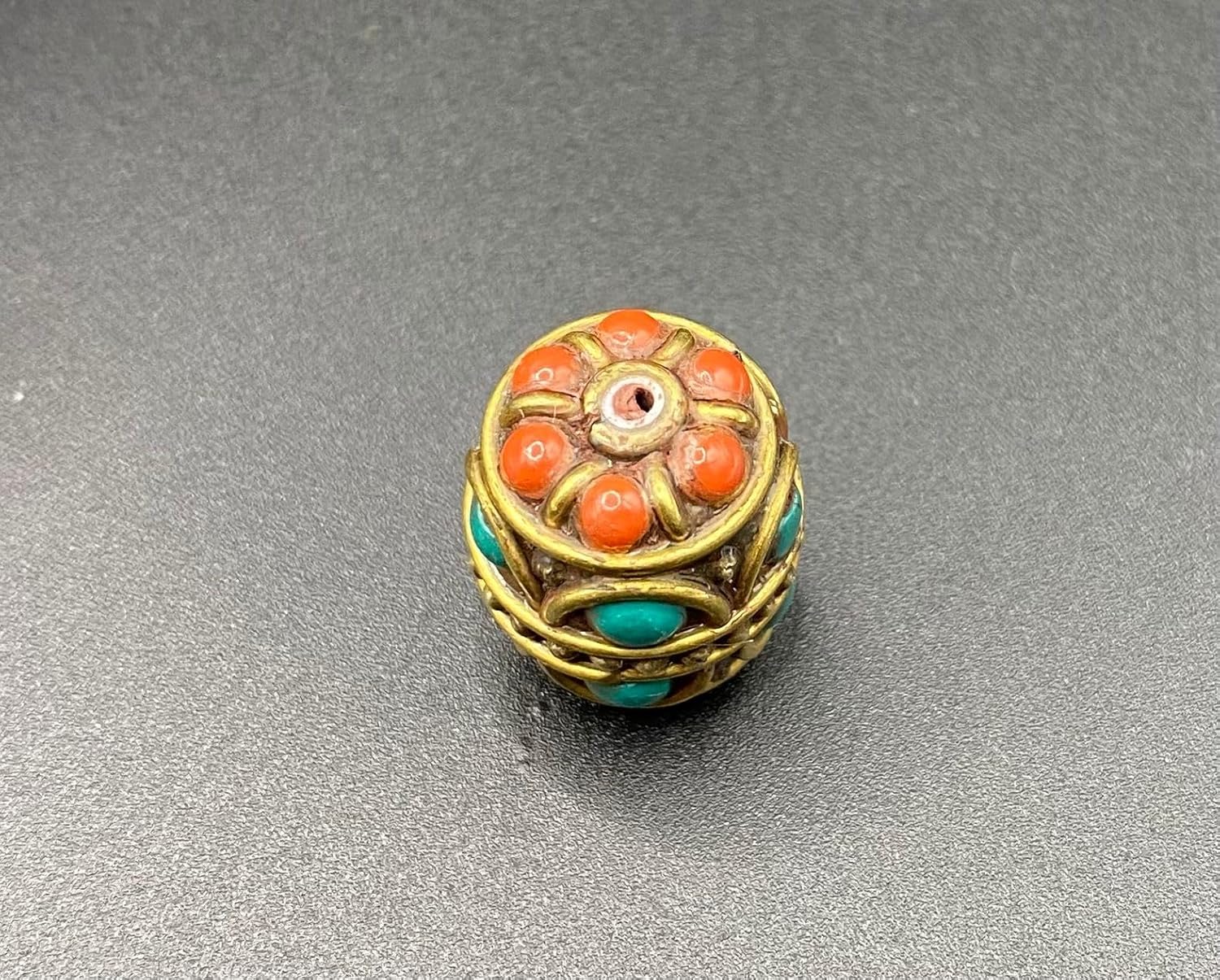 Old Antique Nepal Tibetan Handmade Brass Bead 19x15mm 7g | Turquoise & Coral Inlay Barrel Bead | Ethnic Boho Jewelry Supply | for Pendant Bracelet Necklace Making (50)