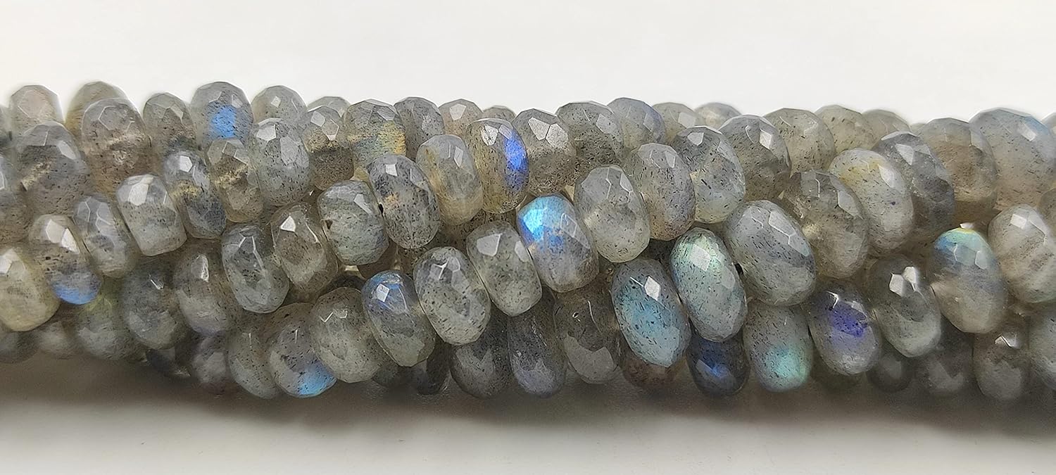 Hanumat Gems Lot of 5 Strands Beautiful Natural Black Labradorite Faceted Rondelle Shape Gemstone Beads,Labradorire Rondelle Beads,Labradoite Faceted Beads,6.00-8.00 MM Beads,13 Inches Strand