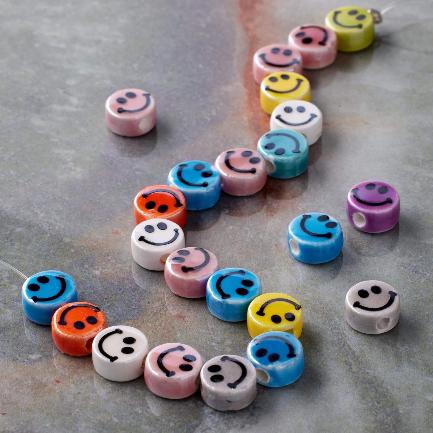 Bead Landing 32 Multicolor Ceramic Smiley Face Beads – Assorted Colors in 7.5mm Size for DIY Jewelry Projects, Bracelets, Necklaces & Crafts, 12 Pack