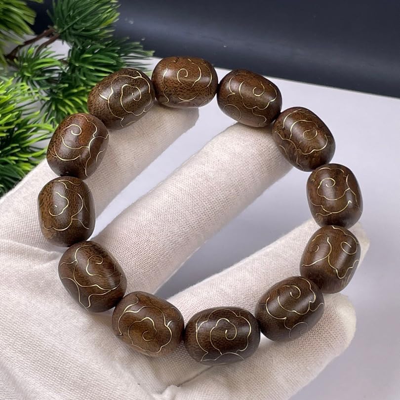 Vietnam Nha Trang White Agarwood Sinking Old Material Jujube Beads 18mm with Gold-Inlaid Auspicious Cloud Pattern