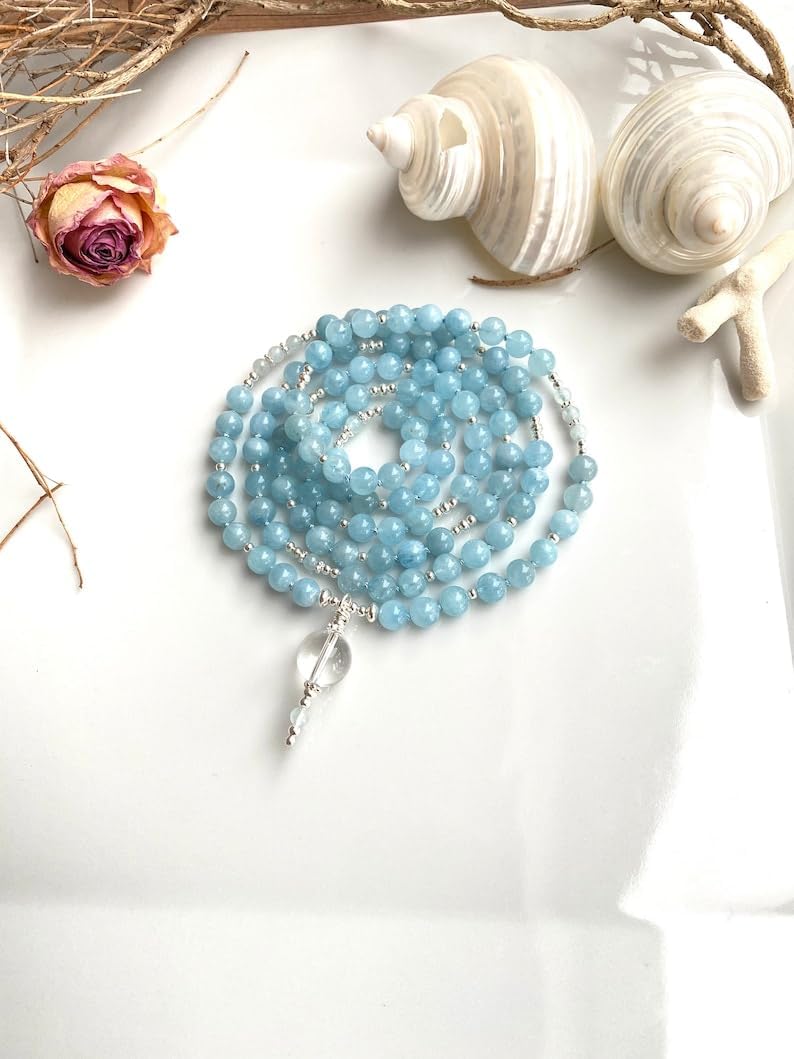 Natural Aquamarine 6-7mm 108 Mala Beads, Spiritual, Meditation Beads, Reiki, Japa Mala, Buddhist Prayer Beads, Yoga Bracelet, healing beads LKMALA-RRGU-3425
