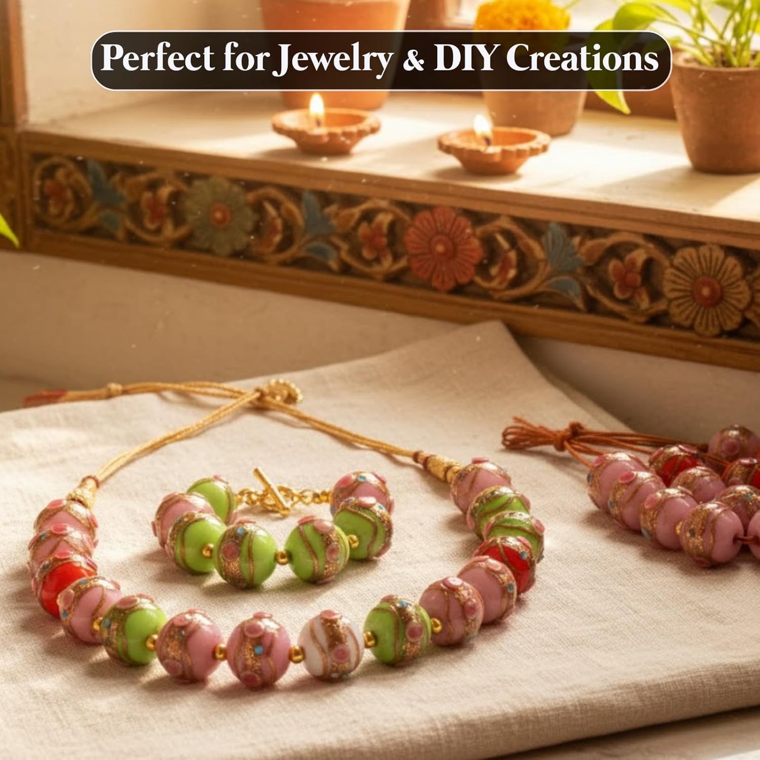 Handcrafted Lampwork Glass Beads Strand | Multicolor Designer Beads for Jewelry Making & Craft Projects | 16mm Beads of Artistic Glass for Bracelets & DIY Accessories (10)