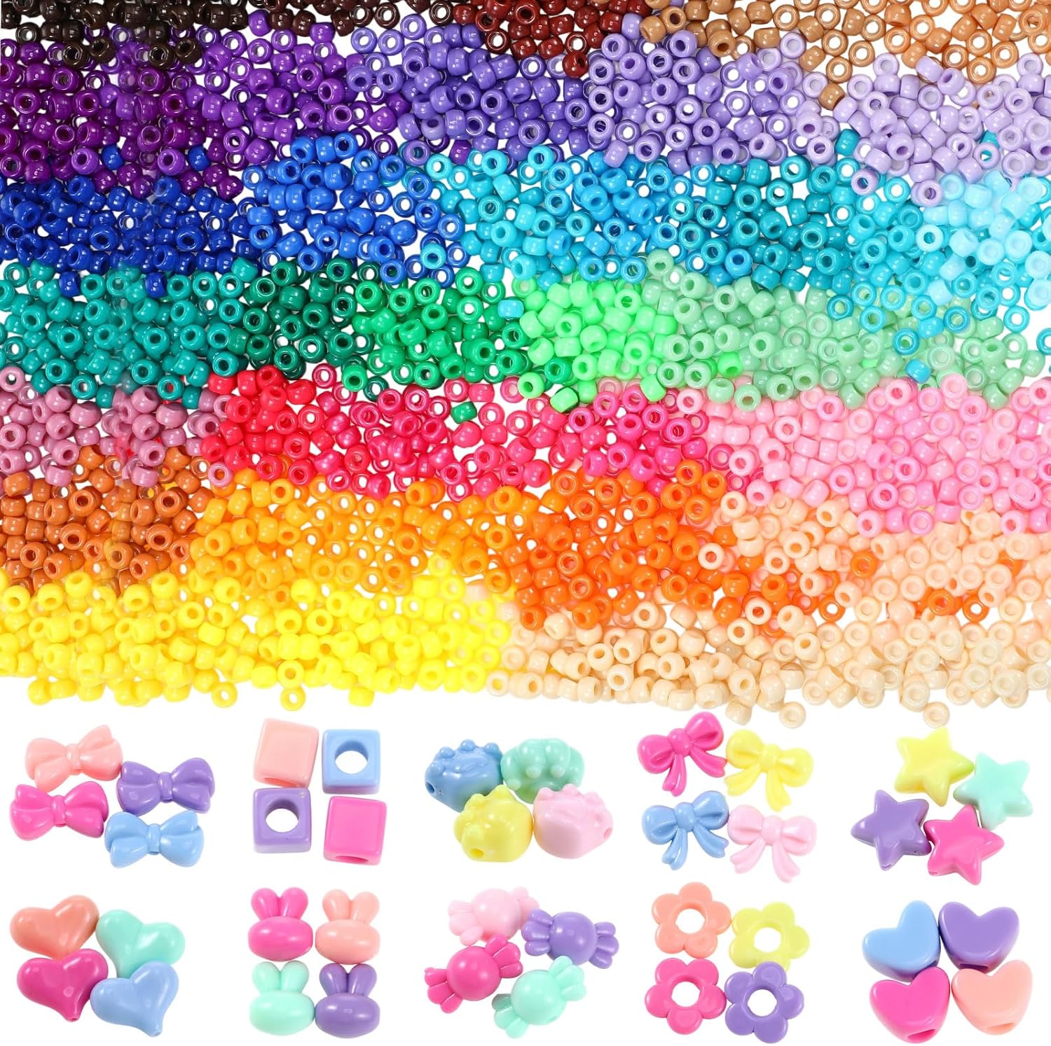 21000 Pcs Pony Beads Bulk 6 x 9 mm Mix Shapes Plastic Kandi Beads for Bracelet for Multicolor Craft Making Rainbow Necklace Jewelry Key Chain DIY Braids, 50 Colors