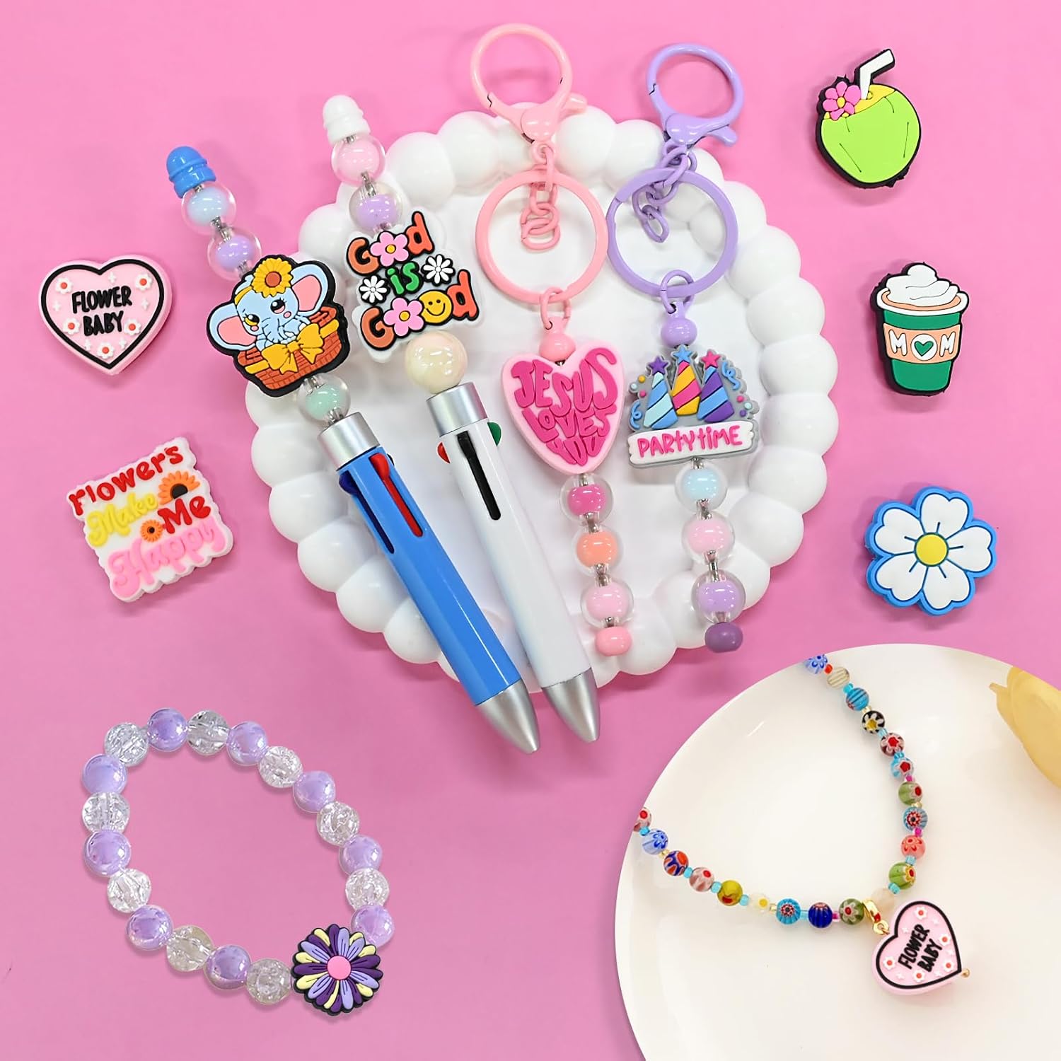 500Pcs Silicone Focal Beads Bulk, Different Random Mix Collections Teacher Character Animal Cartoon Focal Beads for Pens Keychains DIY Jewelry Making