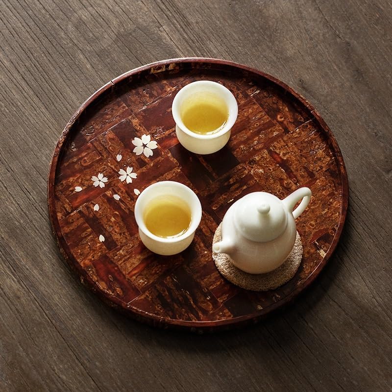 Cafeteria Tray Kakunodate Birch Cherry Bark Round Retro Stitching Retro Tea Table Dessert Plate Meal Tray Serving Trays(D)