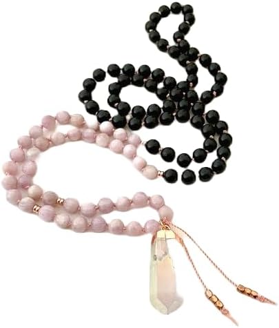 Natural Kunzite and Black Tourmaline 8mm 108 Mala Beads, Spiritual, Meditation Beads, Reiki, Japa Mala, Buddhist Prayer Beads, Yoga Bracelet, healing beads LKMALA-RRGU-2082
