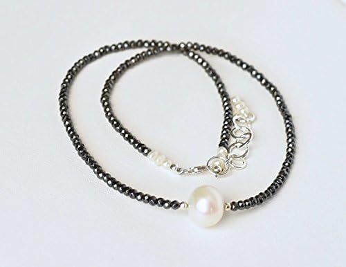925 Sterling Silver Handmade Beaded 3-10mm Stracking Black & White Pearl & Hematite Necklace Round, Smooth 17