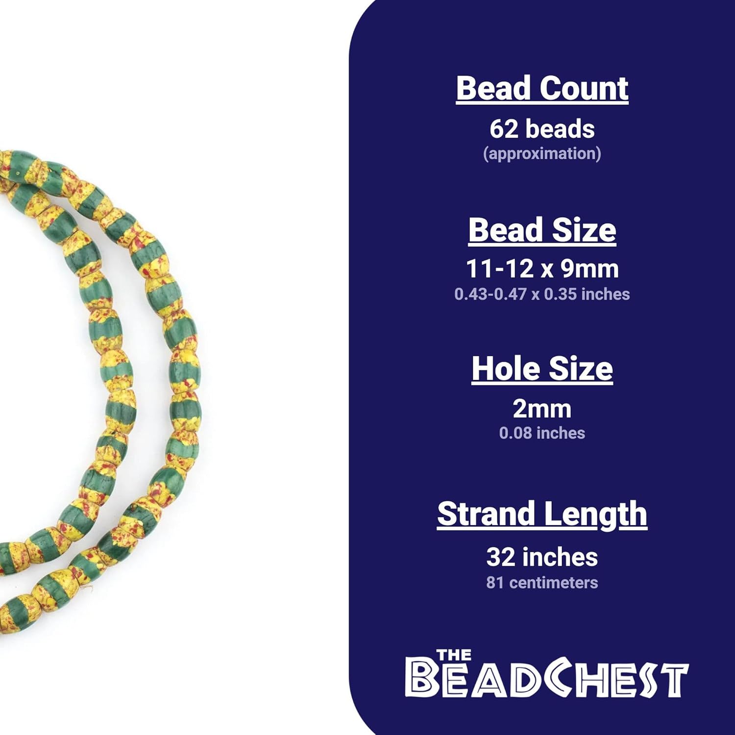 The Bead Chest Old Antique Venetian Yellow Oval Striped Trade Beads Green Stripe 9mm Ghana African Multicolor Glass Large Hole 32 Inch Strand