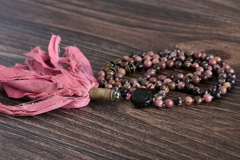 Natural Black Onyx, rhodonite 8mm 108 Mala Beads, Spiritual, Meditation Beads, Reiki, Japa Mala, Buddhist Prayer Beads, Yoga Bracelet, healing beads LKMALA-RRGU-2971, 34 inch