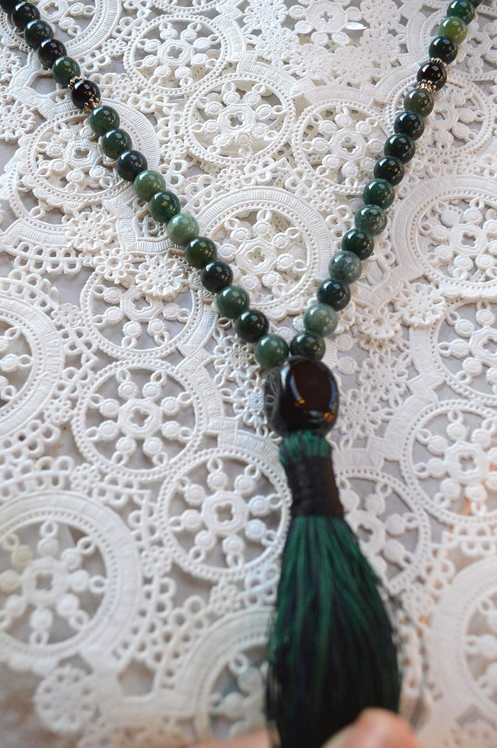 Energized Natural 108 Moss Agate Mala Beads Necklace, 8 mm Bracelet, Dark Green Moss Agate, Mala Bead, Stretch Bracelet, Heart Chakra, Knotted Wrap Mala