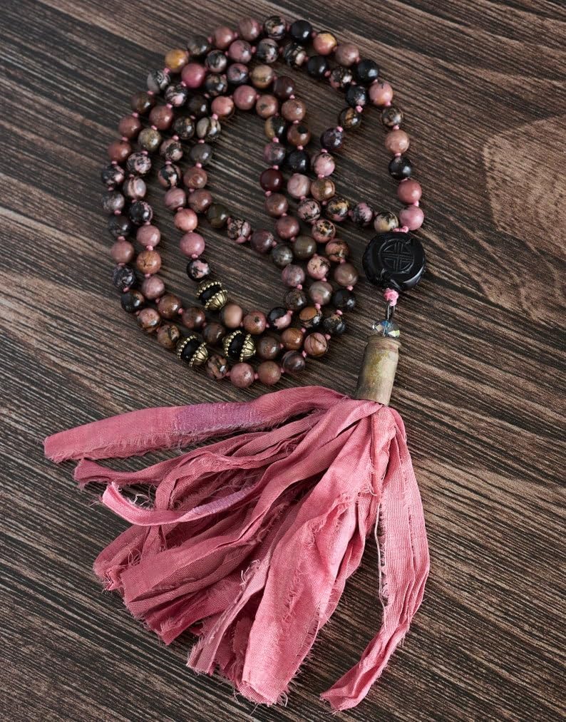 Natural Black Onyx, rhodonite 8mm 108 Mala Beads, Spiritual, Meditation Beads, Reiki, Japa Mala, Buddhist Prayer Beads, Yoga Bracelet, healing beads LKMALA-RRGU-2971, 34 inch