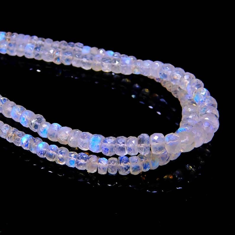 SPARKLE GEMS & JEWELS Faceted Rainbow Moonstone Rondelle Beads 3–5 mm, 12 Inch Strand, Blue Fire Moonstone for Jewelry Making, Handmade Necklace Bracelet Earrings, Natural Gemstone Beads (10 Strand)